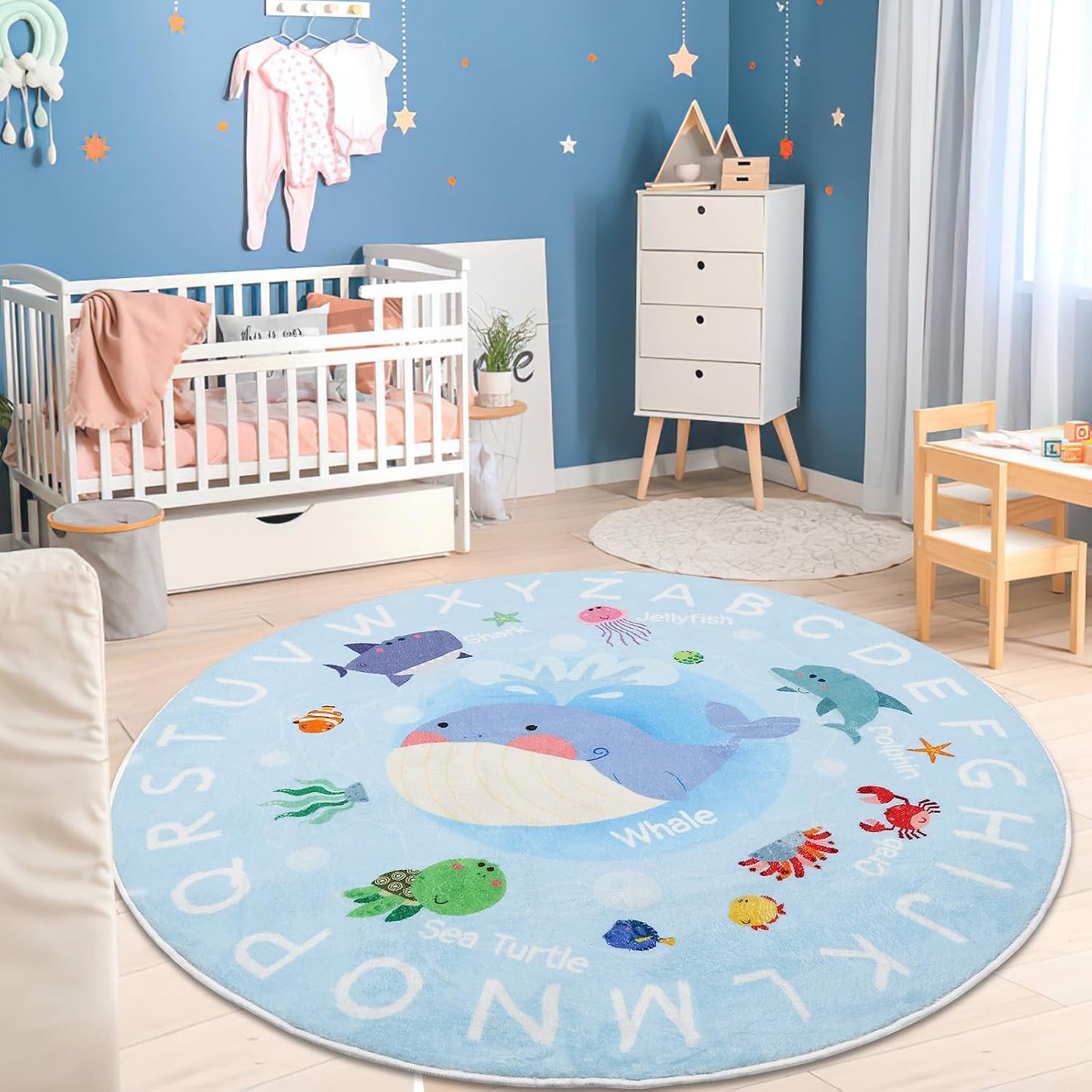 Soft Round ABC Rug for Kids Room,5.2 ft Washable Circle Nursery Rug,Non-Slip Whale Alphabet Baby Kids Rug Carpet for Nursery Playroom Bedroom Kids Room Decor