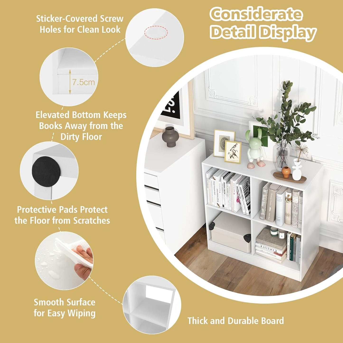Nightcore 4-Cube Storage Bookcase, 2-Tier Freestanding Wooden Organizer with Anti-Tipping Device, Modern Display Storage Cabinet, Floor Open Bookshelf for Living Room, Bedroom, Study (White)