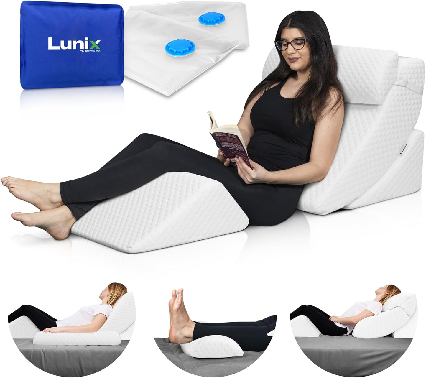 Lunix LX5 4pcs Orthopedic Bed Wedge Pillow Set with Washable Cover, After Surgery Memory Foam Support, Oeko-TEX Certified, Comfort for Sleep and Recovery, Hot/Cold Pack & Vacuum Bags, Pebble White
