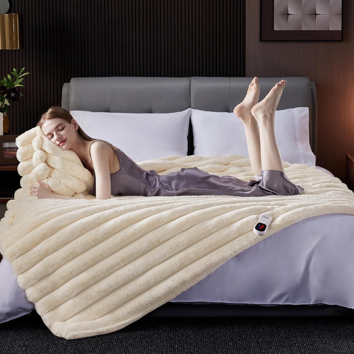 Heated Throw Blanket, Faux Fur Cozy Heating Blanket with Overheat Protection, 1/2/4/6/8 Hours Auto-Off 10 Heat Level, Machine Washable (50x60 Inches, Cream White)