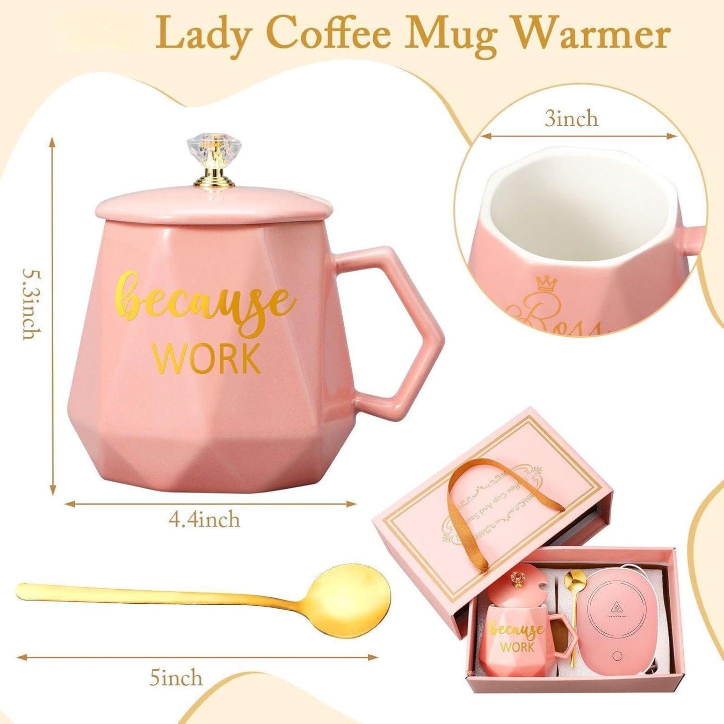 Hushee Christmas Lady Gift Coffee Mug Warmer for Women 13.5 oz Cup Warmer with Mug Set Electric Tea Water Warmers Appreciation Cup Heater with Lid Spoon and Coaster for Desk Office Home (Pink)