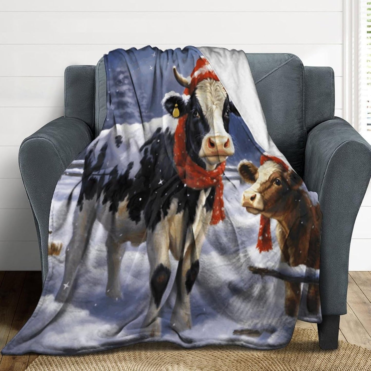 Christmas Snow Cow Blanket Chunky Fluffy Fuzzy Bed Blankets Cozy Soft Warm Winter Blankets Anti-Pilling Flannel Throw Blanket for Couch Living Room Bedroom Multiple Size
