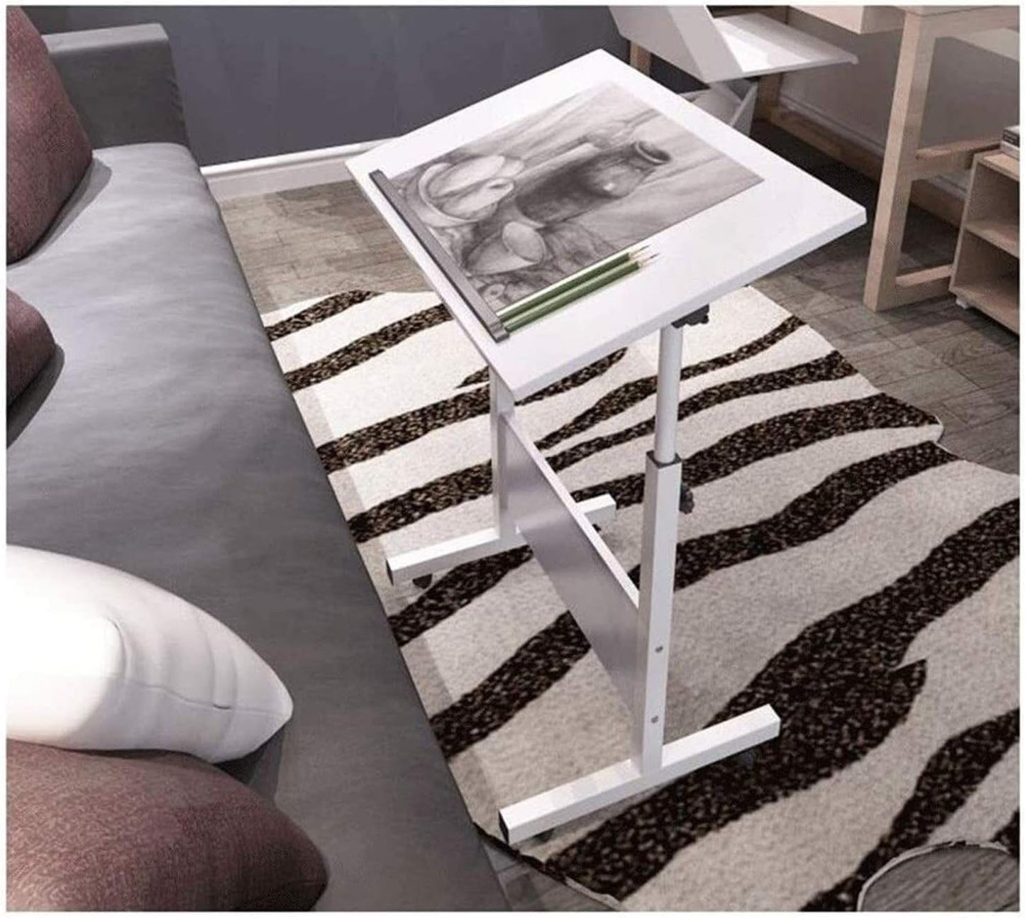 Mobile Lap Table Enjoy On The Bed Writing Drawing Reading Wheels Side Table for Living Room Bedroom (Color : White Wood Color Size : 60x40cm) (White Wood Color 80x40cm)