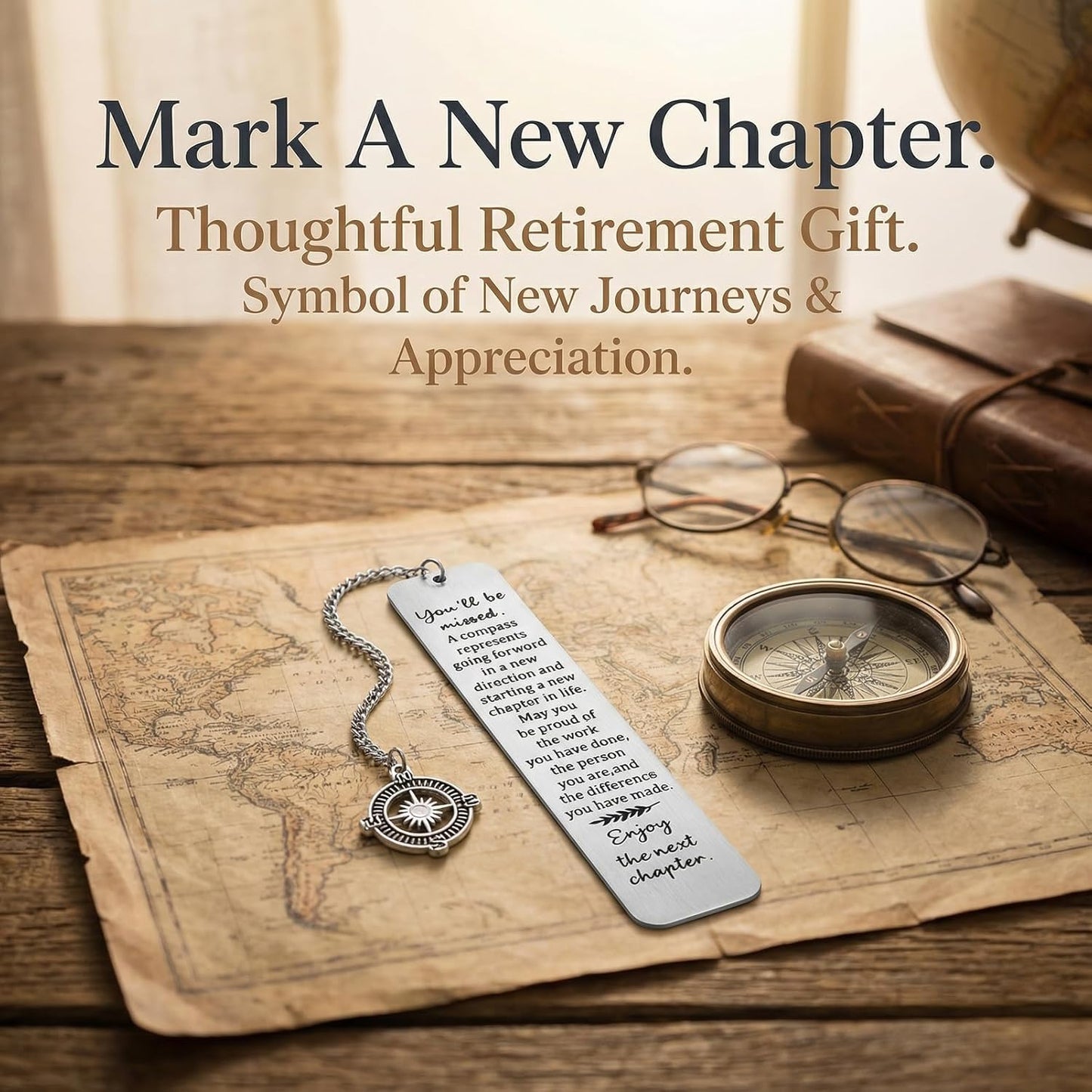 1 Piece Metal Bookmark, Inspirational Compass Design with Engraved Message, Ideal for Coworker Leaving Gifts and Retirement Gifts for Women, Men, Teachers (5.1x1 Inch, Silver)