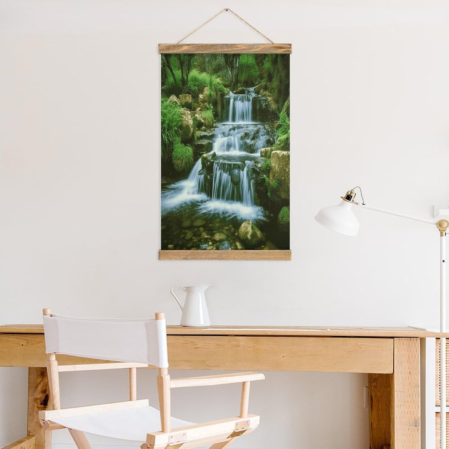 Vintage Waterfall Flowing Down Poster with Wooden Frame Personalized Linen Hanging Scroll Painting Rustic Wall Hanging Illustrative Modern Artwork Decor for Home Living Room Bedroom Office
