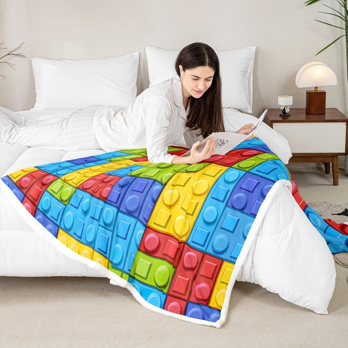 Feelyou Colorful Toy Throw Blankets Teen Funny Building Blocks Decor Soft Cozy Fleece Blankets 30x40 Inches Kids Boys Girls Colorful Geometric Brick Fleece Flannel Throws Cute Games Room Decor