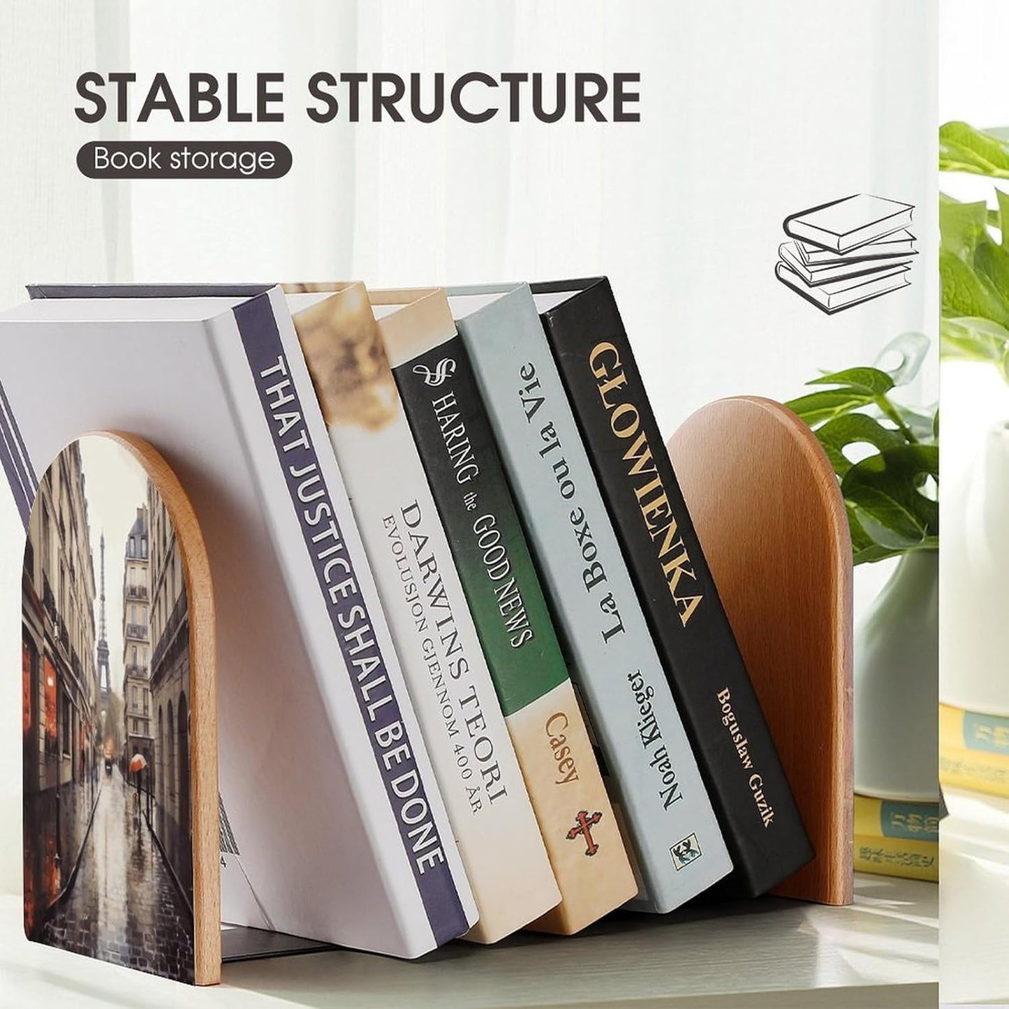 Rainy Street in Paris Bookend for Shelves Wooden Book End Large Size Sturdy Book Holders Stoppers with Metal Base for Bookshelves Slick Decorative Bookends Stands