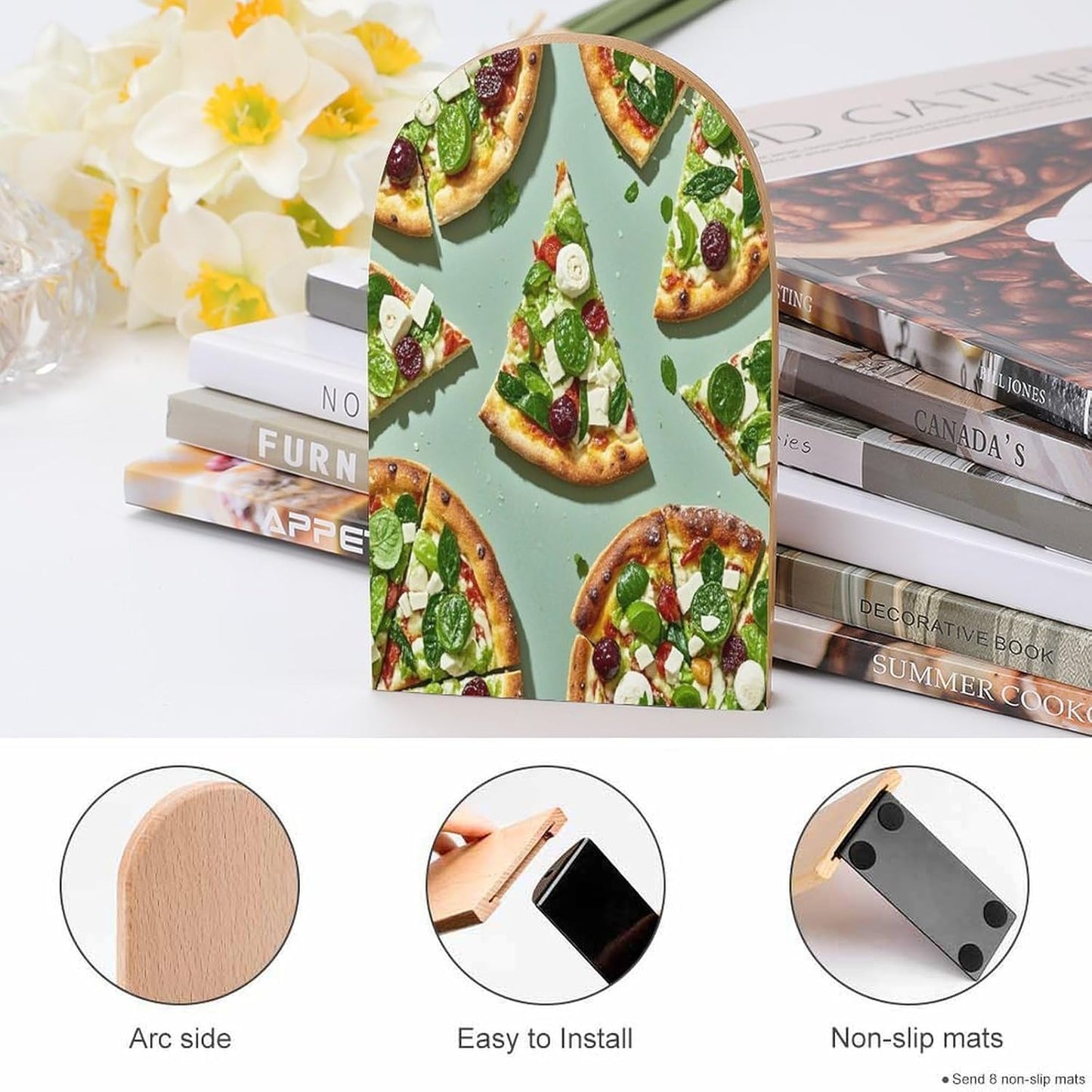 Green Pizza Slices Bookends 1 Pair Heavy Duty Book Ends for Shelves Non-Skid Bookend Supports Wooden Book Holders with Metal Base Desk Organizers Books Storage to Hold Books