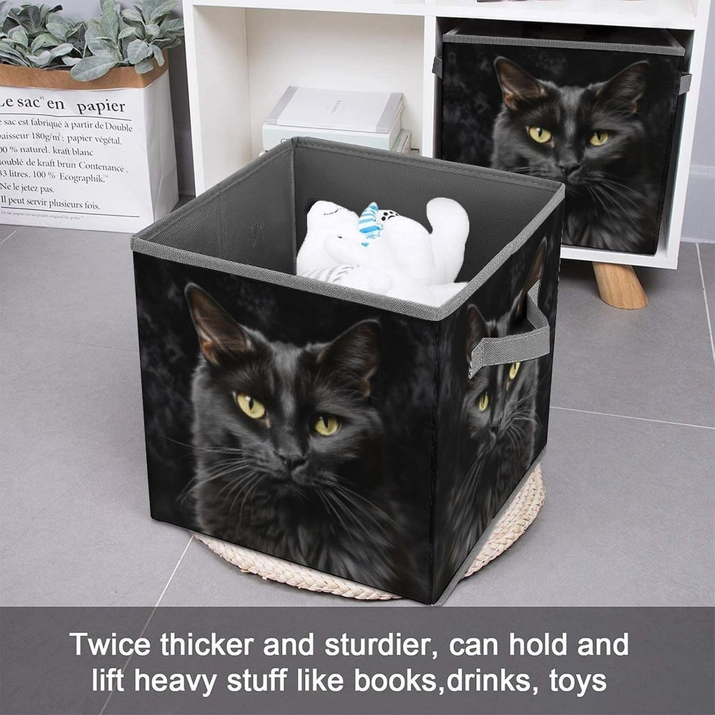 A Black Cat on A Black Background Storage Bins with Handles Fashion Large Storage Cubes Sturdy Foldable Storage Boxes Space-Saving Storage Baskets for Home Office Clothes Closet Organizers
