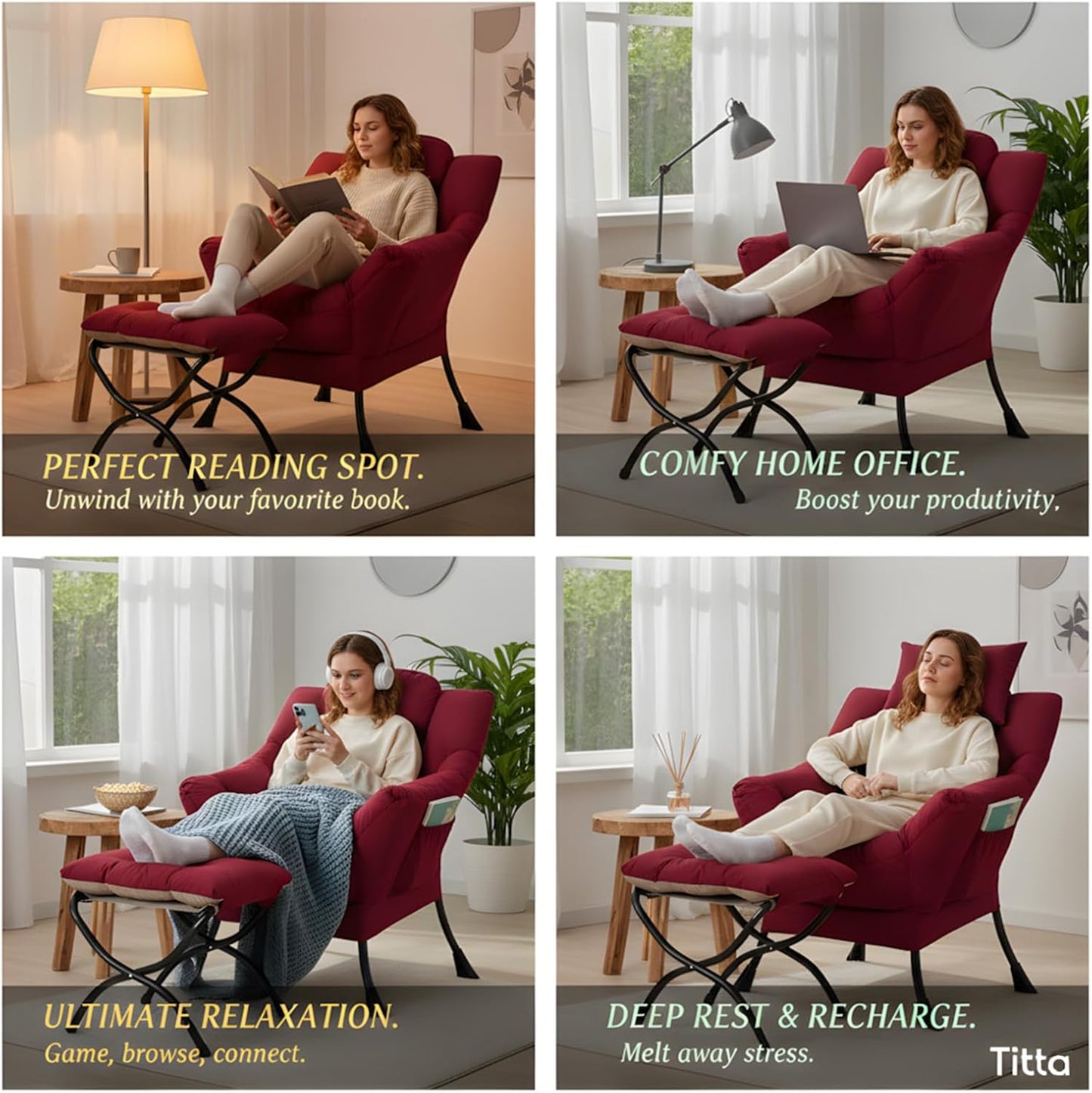 Tiita Lazy Chair with Ottoman, Red Modern Large Accent Chair, Comfy Leisure Sofa Armchair with Ottoman, Reading Chair with Footrest for Bedroom, Living Room, Dorm Rooms, Wine red