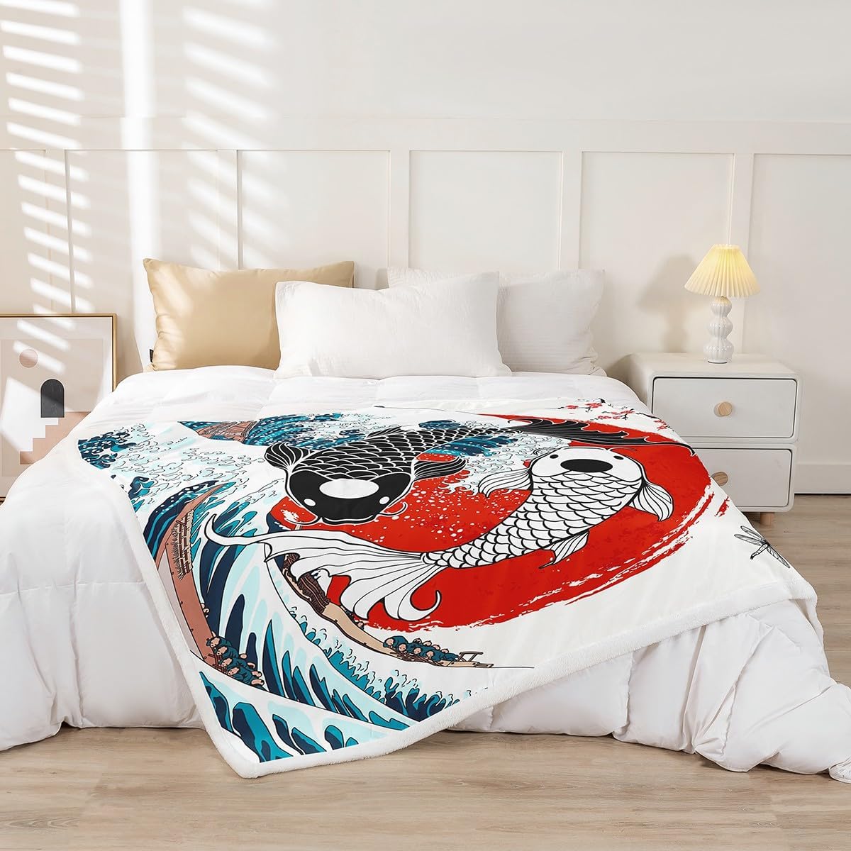 Japanese Ukiyoe Fish Throw Koi Toddler Fleece Blanket Kids Boys Adult Girls Japanese-Style Koi Animal Oriental Bedroom Decor