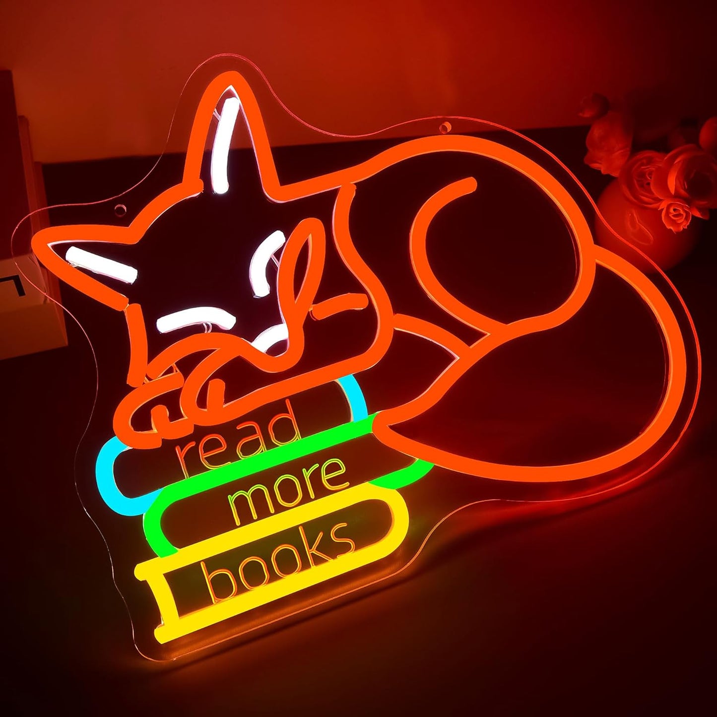 Read More Books Neon Sign for Wall Decor Read Book Neon Light for Classroom Reading Room Dimmable Reading Fox LED Sign for library Study Room Bedroom Party Birthday Gifts Size 14.3 * 11.7 In(TWP347)