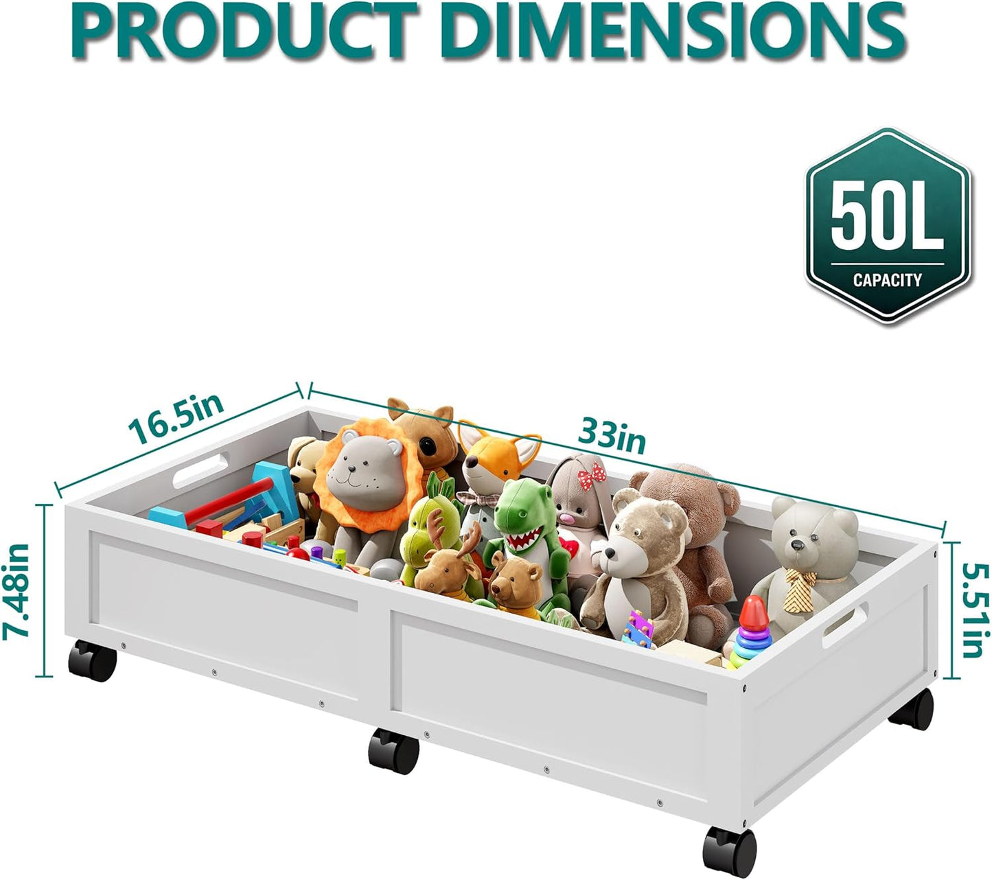 Wood Under Bed Storage Containers Underbed Organizer with Wheels Sturdy Wood Rolling Under Bed Shoe Storage Organizer 2 Packs (White, Large)