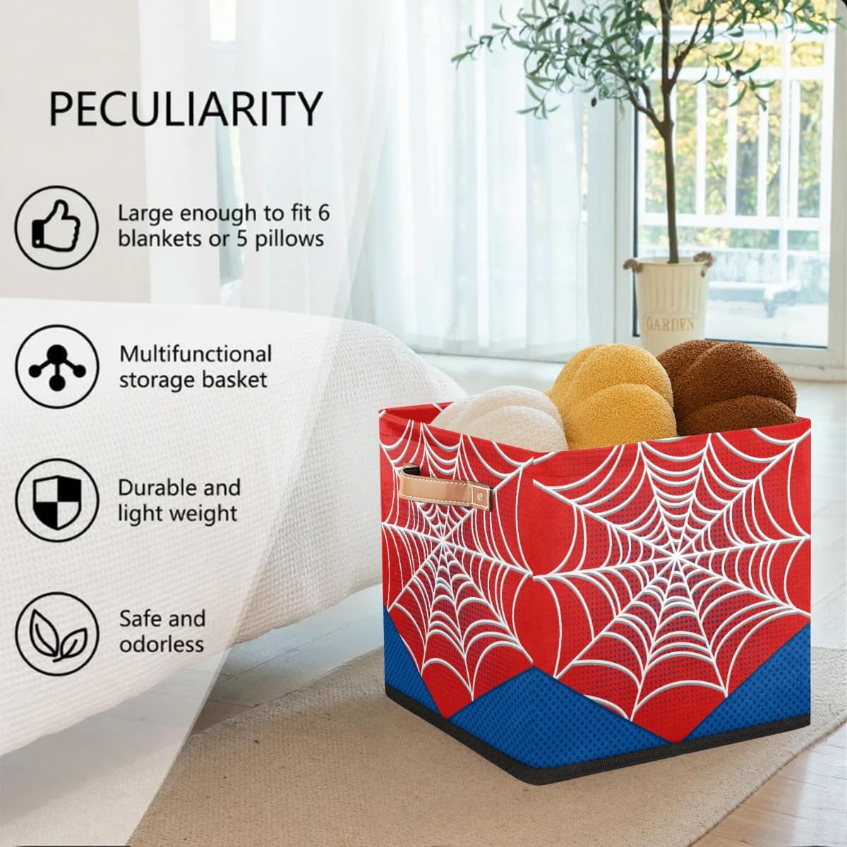 Red Spider Web Storage Cubes Bins, 13 Inch Collapsible Fabric Organizer Baskets Box with Leather Handles for Kids Toys Blanket Clothes, Home Nursery Bedroom Decor