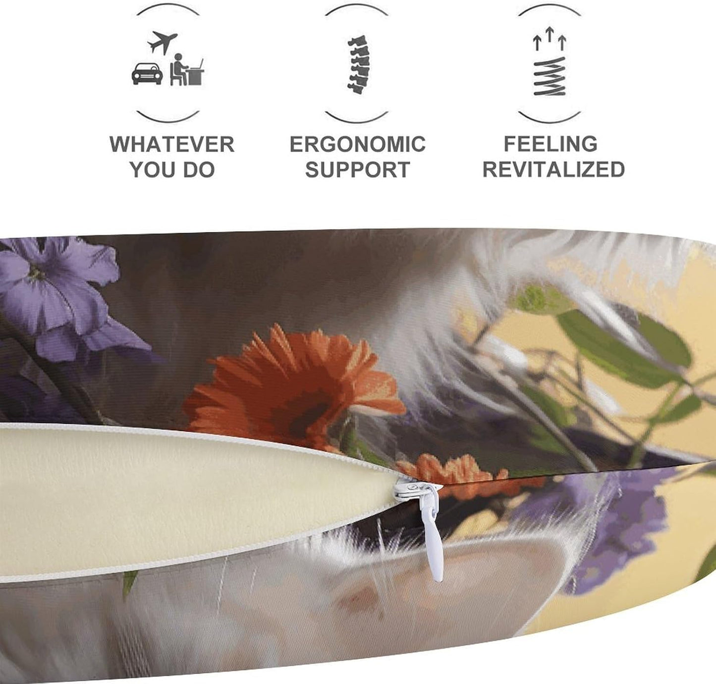 Cat Flowers Neck Pillow Memory Foam U Shaped Pillows Portable Pillows for Shoulder Travel Head Support Pillow with Concealed Zipper for Airplane Car Home Office