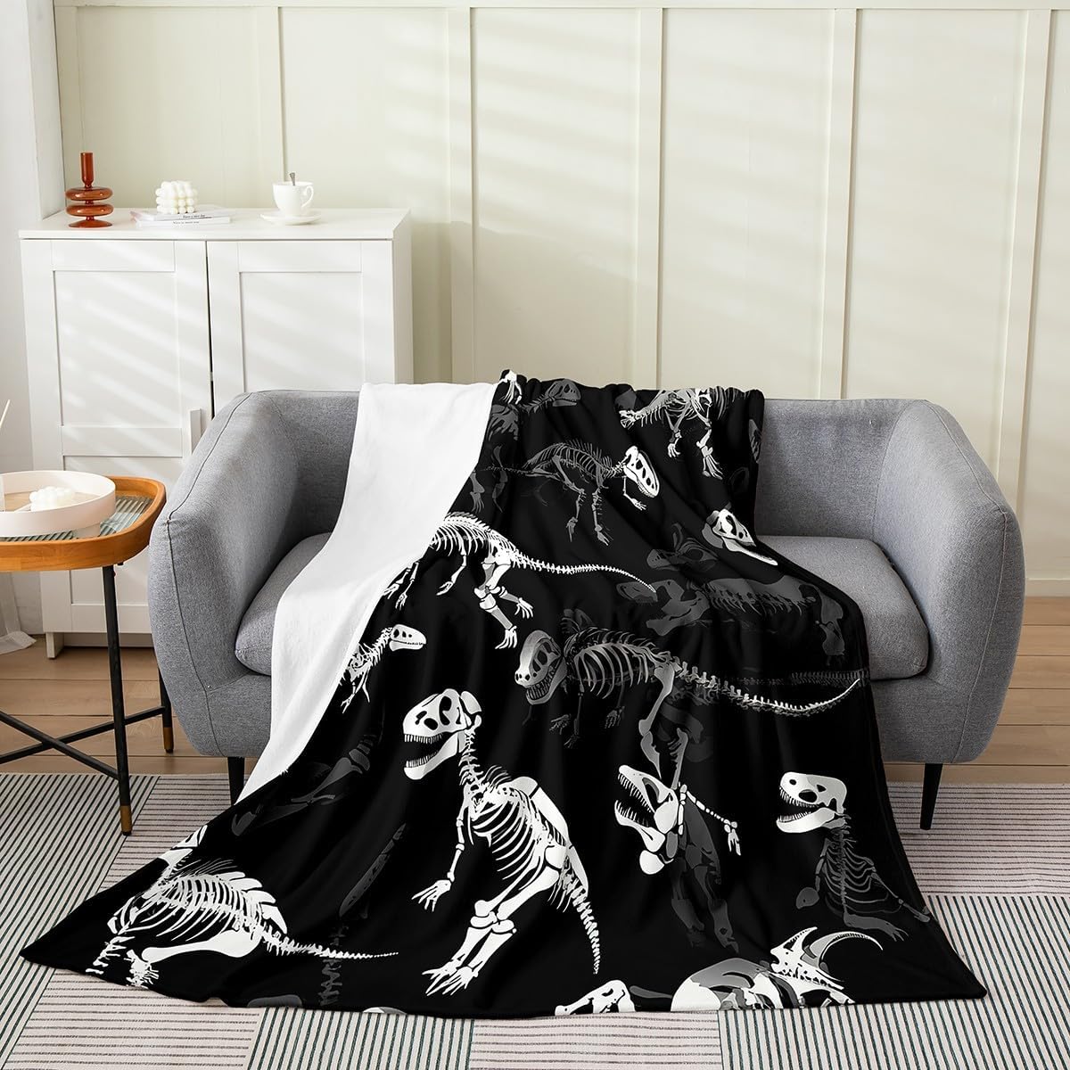 Erosebridal Dinosaur Skeleton Blanket Throw 50x60, Dino Gothic Throw Blanket for Sofa Bed, Animals Dinosaur Printed Kids Boys Soft Fleece Blanket, Black White Sci-Fi Style All Seasons Fuzzy Blanket