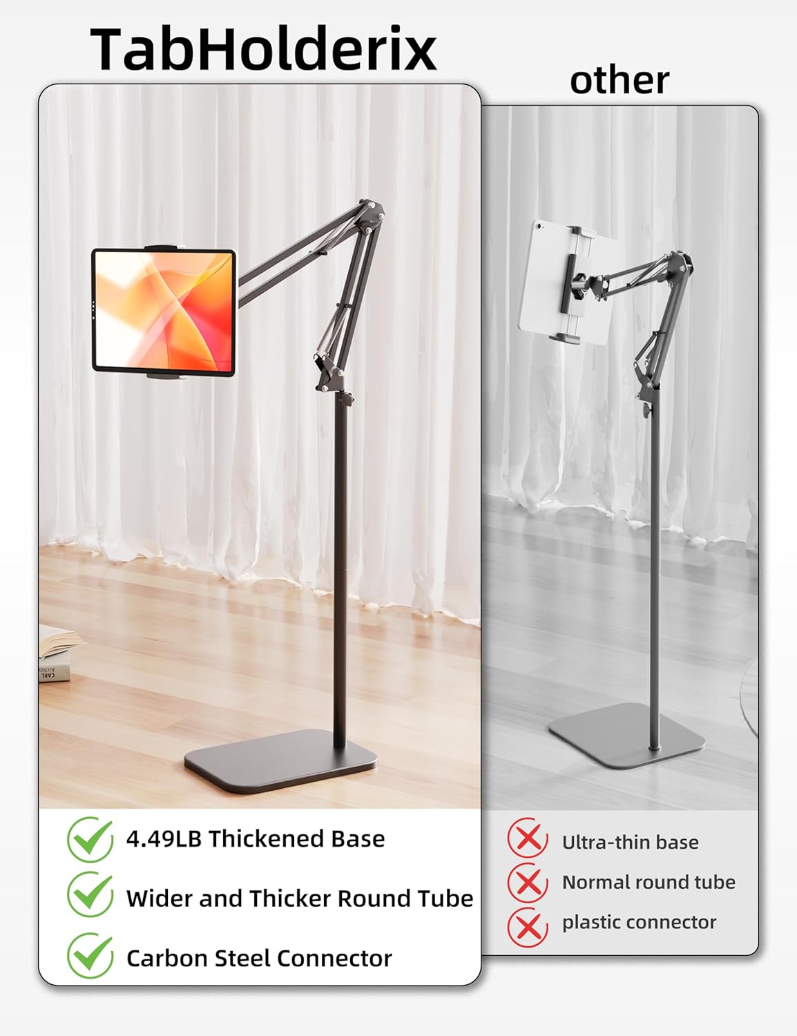 Tablet Floor Stand with 4.5LB Heavy Metal Base,Overhead Bed Phone Stand Angle Height Adjustable Holder, Universal Phone Mount for iPad iPhone Pro Air Mini, Samsung Tab, Kindle, E-Readers...