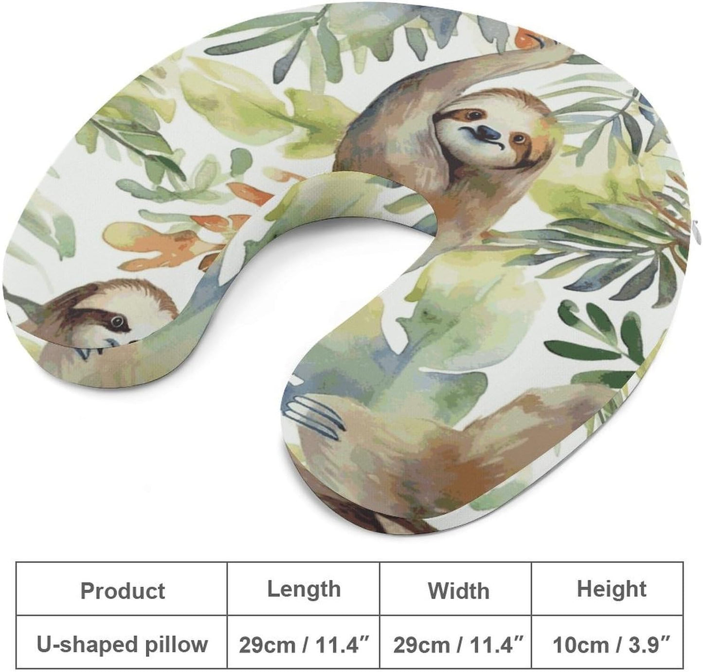 Watercolor Sloth Neck Pillow Memory Foam U Shaped Pillows Portable Pillows for Shoulder Travel Head Support Pillow with Concealed Zipper for Airplane Car Home Office