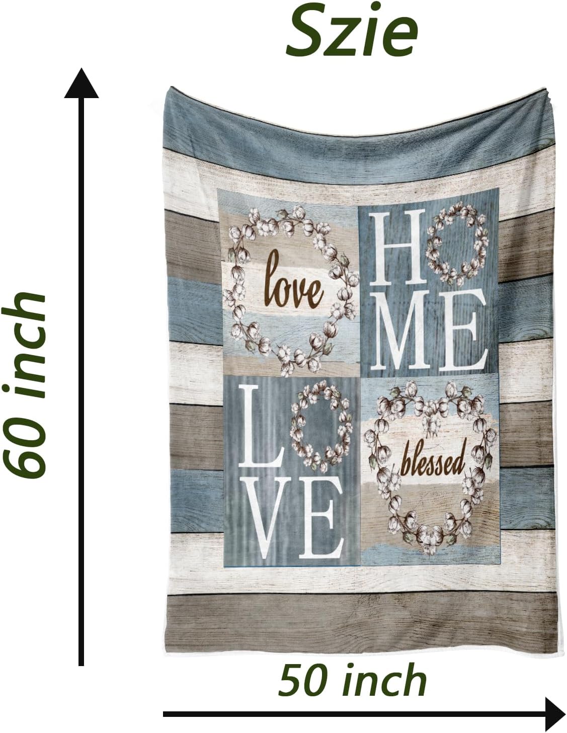 Rustic Floral Flower Sweet Love Home Fabric Throw Blanket, Farmhouse Country Vintage Wood Plank Cotton Soft Warm Fleece Blanket for Living Room Couch Bed Chair or Dorm, 50"x60"