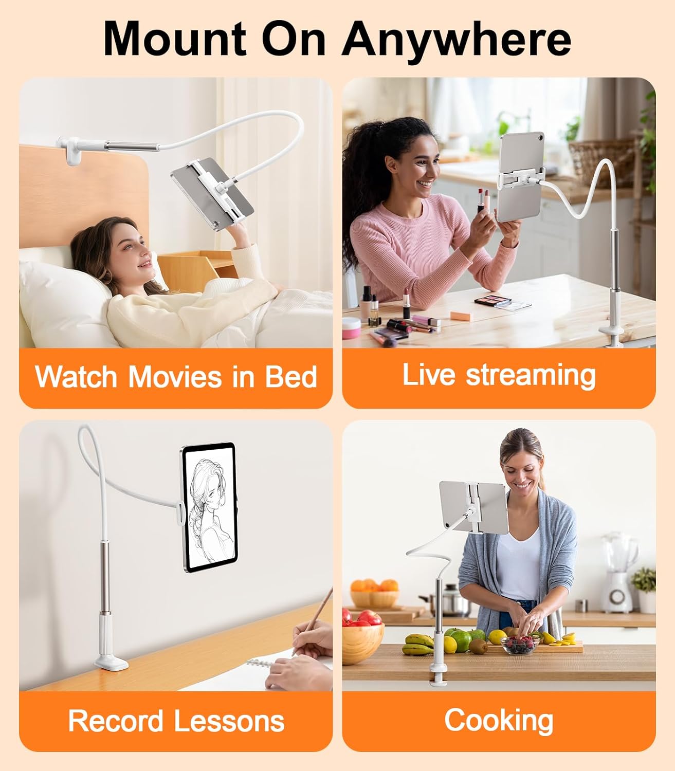Gooseneck Tablet Holder for Bed, Flexible Long Arm Tablet Mount Stand for Reading in Bed, Compatible with iPad Mini Pro Air Phone Switch Samsung Galaxy Tabs Kindle Fire, More 4.7-12.9" Devices