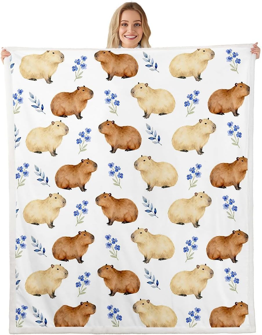 Feelyou Cartoon Capybara Sherpa Throw Blanket for Couch Floral Capybara Super Soft Cozy Fleece Sealife Blanket for Winter, Plush Throw Funny Animal Baby 30"x40" All Season