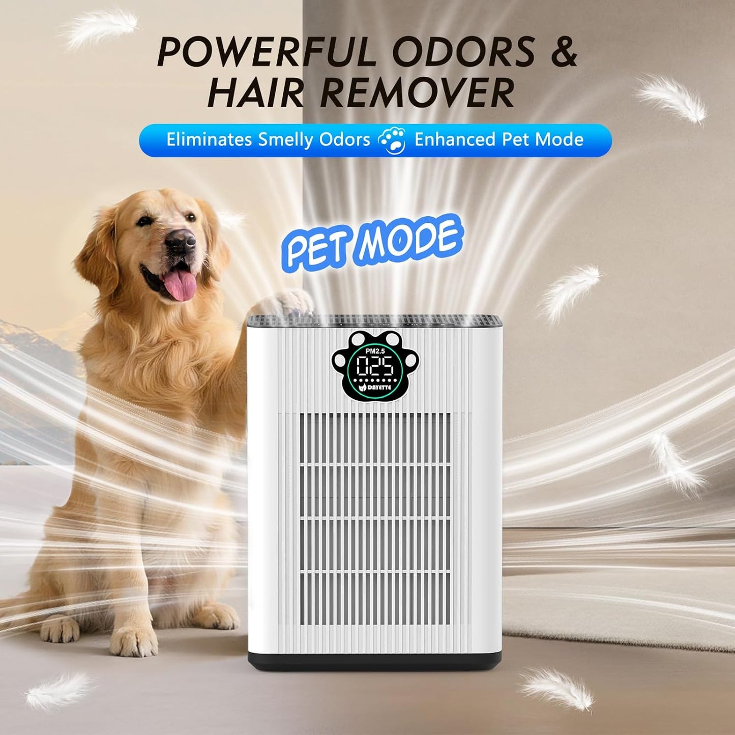 DAYETTEAir Purifiers for Home Large Room Up to 3400 Ft² with 2x H14 HEPA Filters, Double Air Inlet Air Cleaner with PM2.5 & TVOC Sensors, Pet Mode, Aromatherapy for Smoke Dust Pets Hair Odor, White