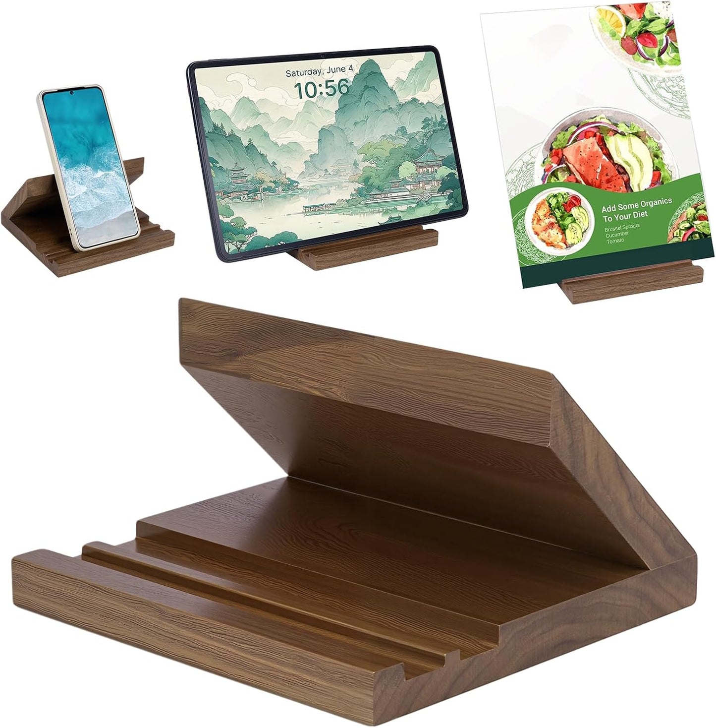 Walnut Book Stand for Display Wooden Bible Stand for Reading Portable Office Phone Holder for Desk Living Room Kitchen Coffee Table Decor Picture Frame Photos Holder