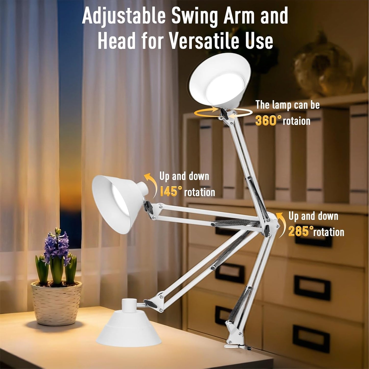 Led Desk Lamp for Home Office - Swing Arm Desk Lamp with Clamp - Architect Adjustable Gooseneck Table Lamp with 5 Color Modes & 10 Brightness for Reading Working Drafting (White)