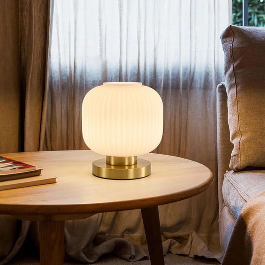 Dimmable Small Glass Table Lamp: Mid Century Modern Nightstand Light with Milk White Shade - Small Decorative Brass Desk Lamp - Ribbed Glass Bedside Tables Lamps for Bedroom Living Room Bulb Excluded