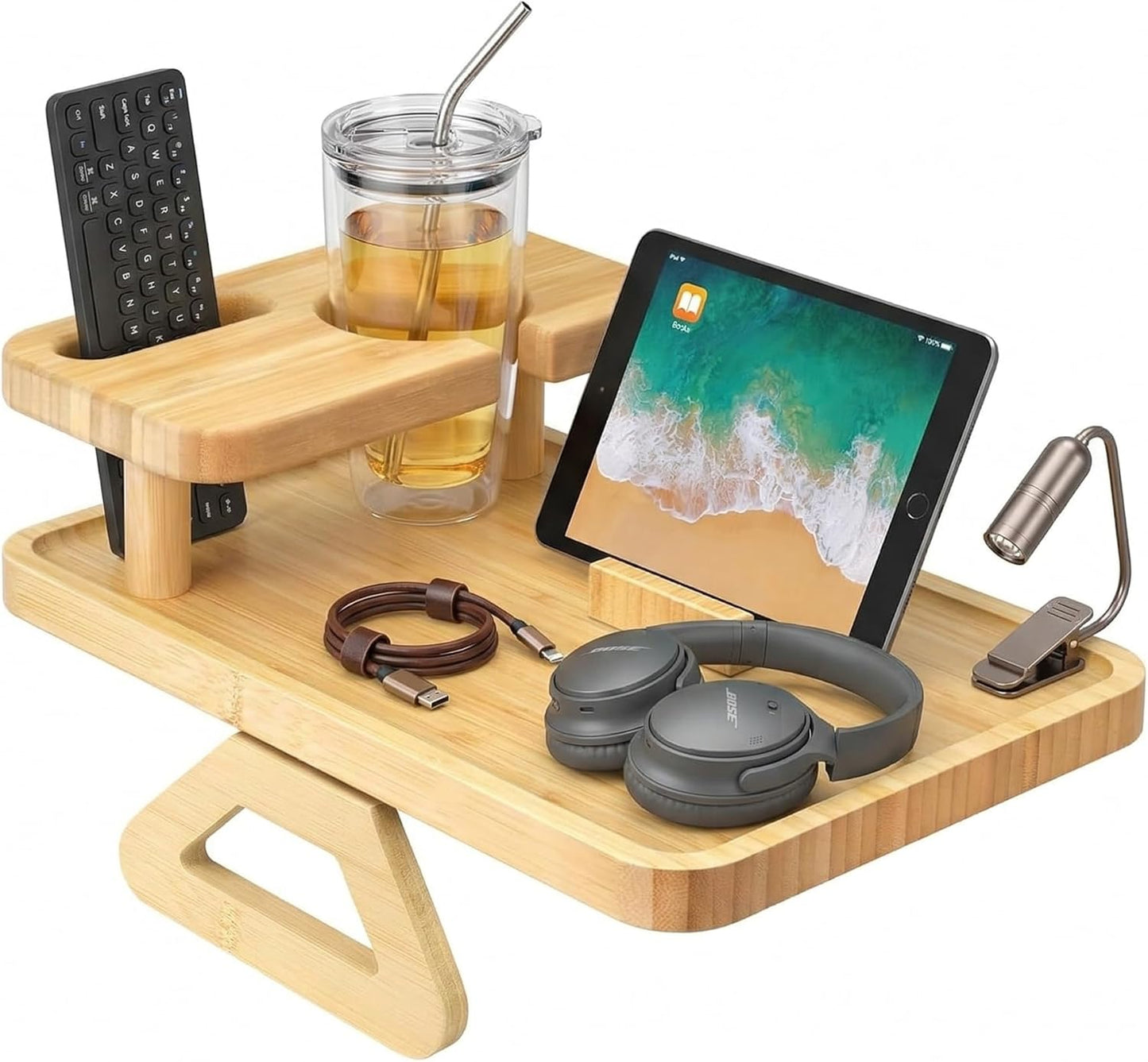 Wood Sofa Arm Tray Premium Bamboo Couch Armrest Tray with Phone Holder & Cup Holder | Sofa Side Table for Snacks, Drinks & Remote | 13.8"x9.8"x3.9" Folding Design