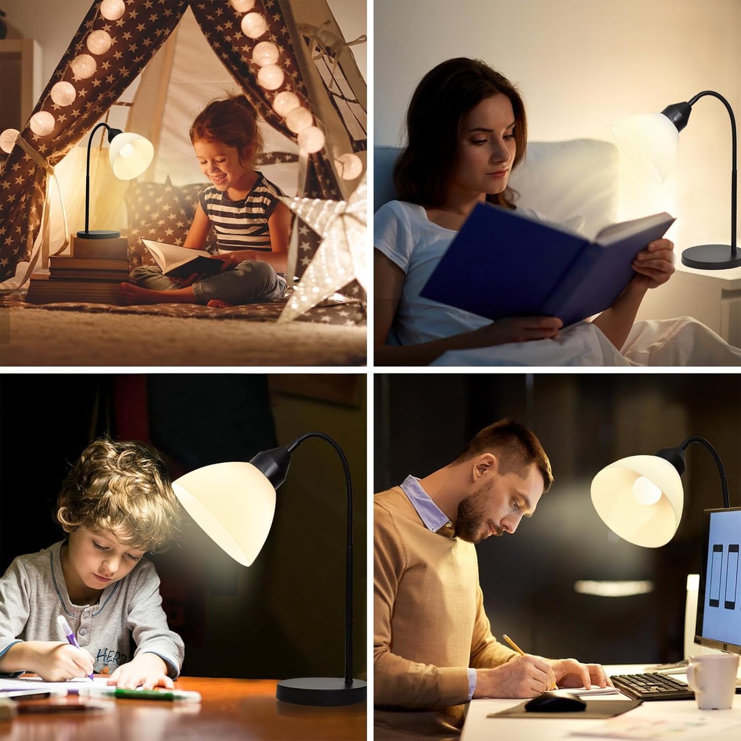 LED Desk Lamp for Home Office, 3 Levels Dimmable Reading Light, Flexible Table Lamp for Bedside Office, Rotary Switch Control, Desk Lamp for College Dorm Study Lamp, Bulb Included, Black