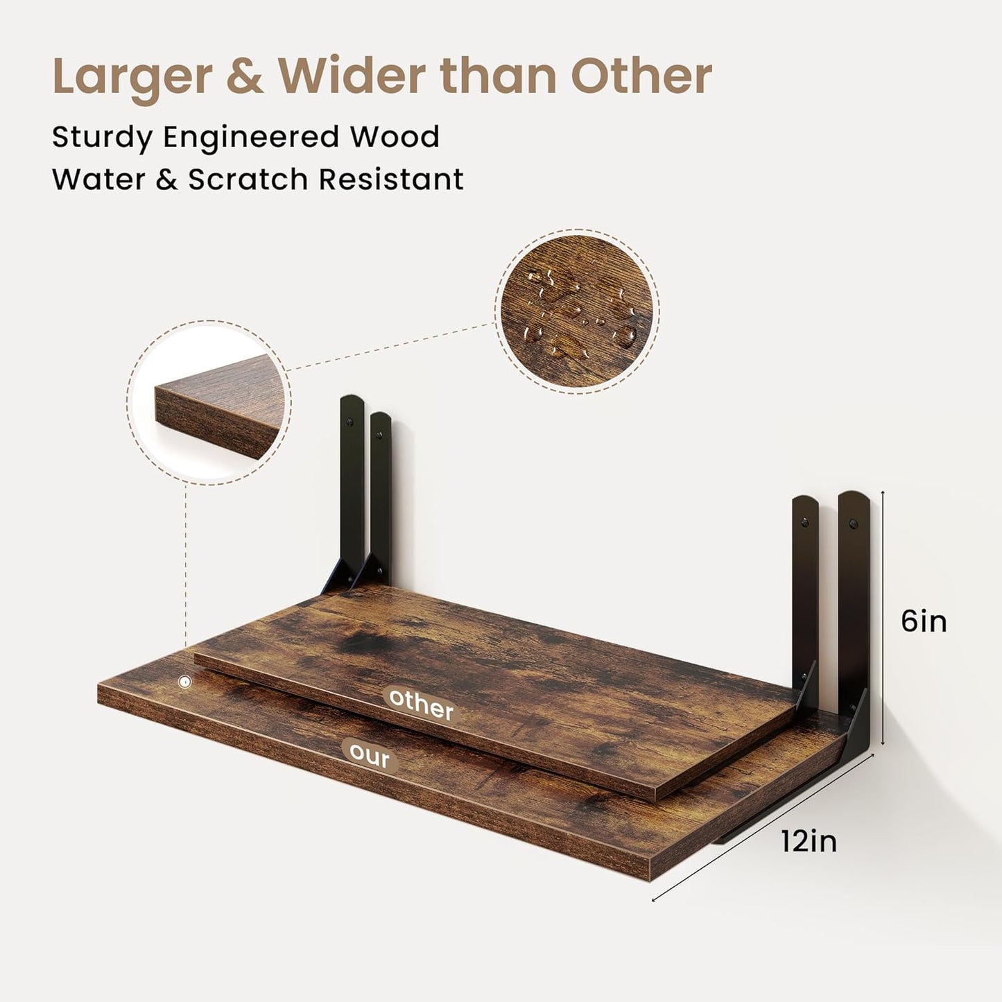 Fun Memories Rustic Brown 12 Inch Deep Floating Shelves Set of 2, Wall Mounted Shelf with Metal Brackets, Rustic Wood Wall Shelf for Bathroom, Kitchen and Living Room, Rustic Brown, 36W x 12D
