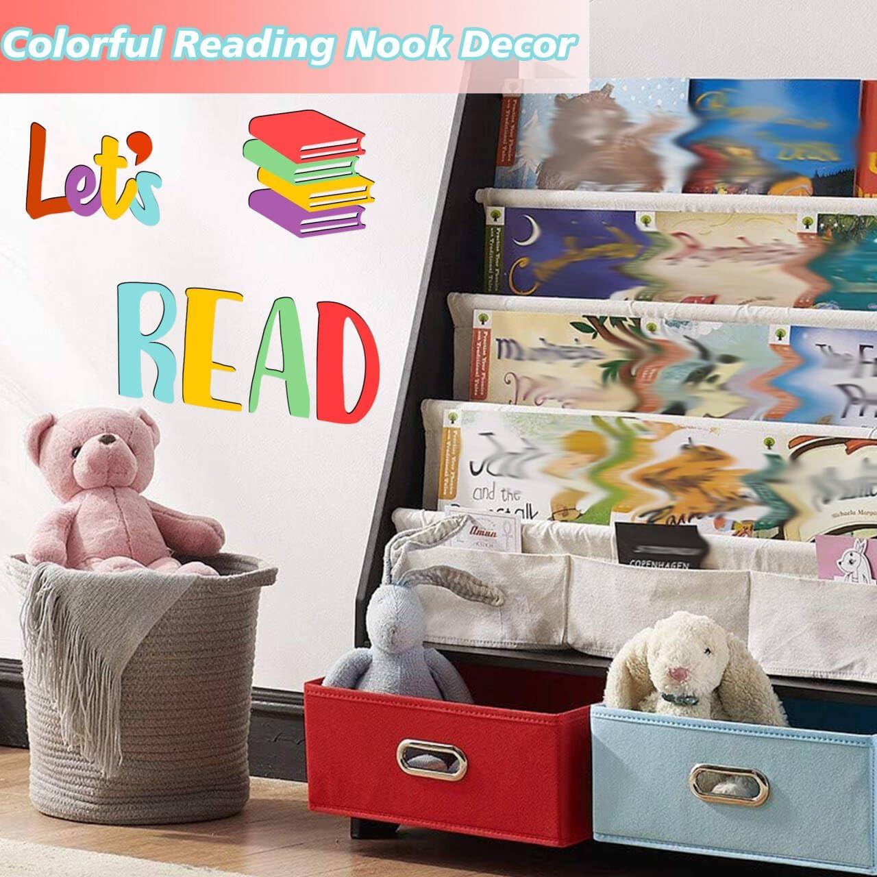 Let's Read Sign Wall Decals Colorful Reading Rooom Wall Decor Stickers Reading Nook Wood Sign Decals Decor Removable Motivational Walls Sicker for Kids Bedroom Playroom Nursery Library Classroom Decor
