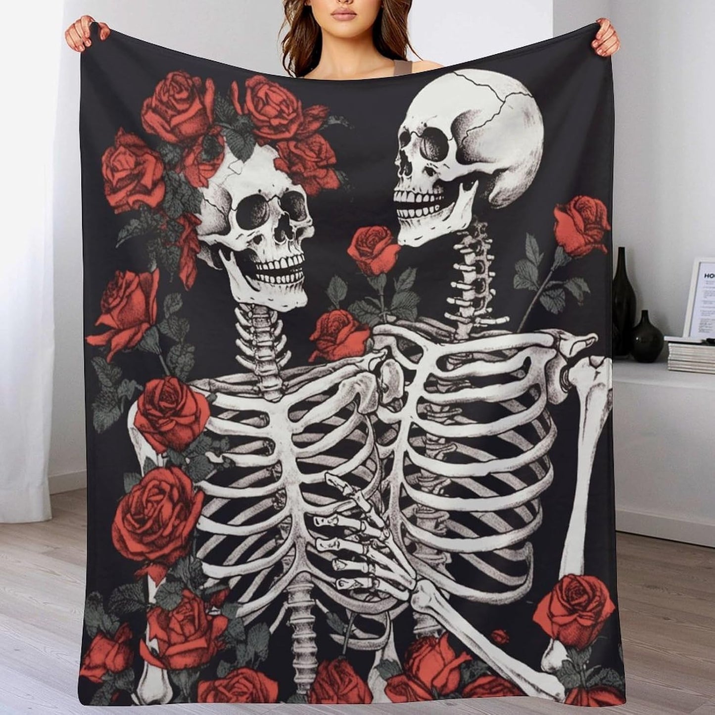 Rose and Skeleton Blanket Super Soft Lightweight Throw Blanket Cute Cozy Warm Bed Blanket Decorative Fuzzy Blanket All-Season Home Decor Gift for Sofa Couch Living Room 40"*50" （100 * 130cm）