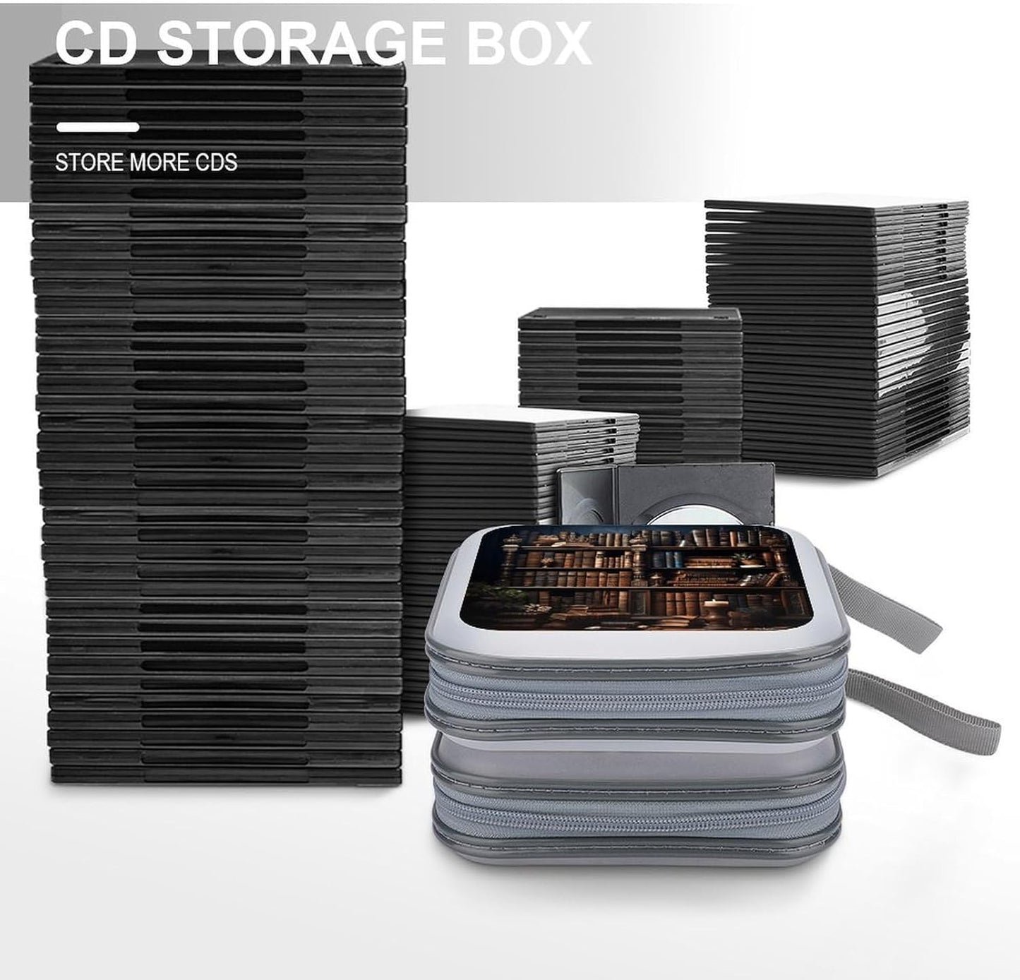 Books on The Bookshelf CD Case Portable Zipper CD Cases Holder Hard Plastic DVD Disc Cases Storage Binder Large Storage Disc Wallet Bag Heavy Duty Booklet Album 40 Capacity