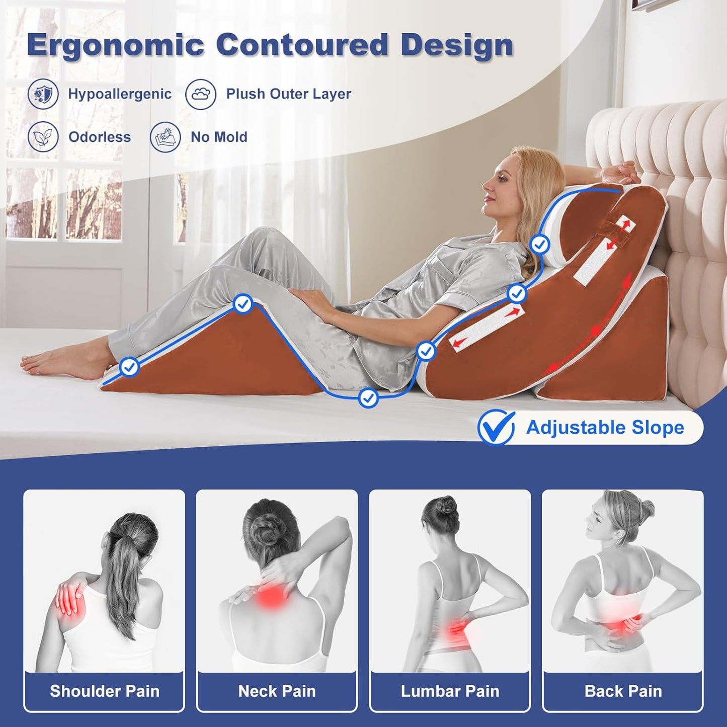 Orthopedic Bed Wedge Pillow Set 4PCS – Memory Foam Pillows for Sleeping, Post Surgery, Back Pain, Sitting Up in Bed, Acid Reflux, Snoring, Leg & Arm Support, White Brown
