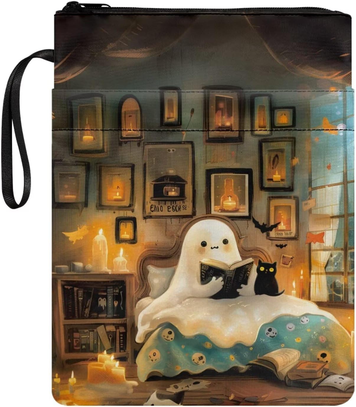 chaqlin Halloween Ghost Reading Pattern Book Sleeve with Zipper and Front Pocket, Book Covers for Paperback, 11.4 x 8.7 Inch, Bookish Gifts