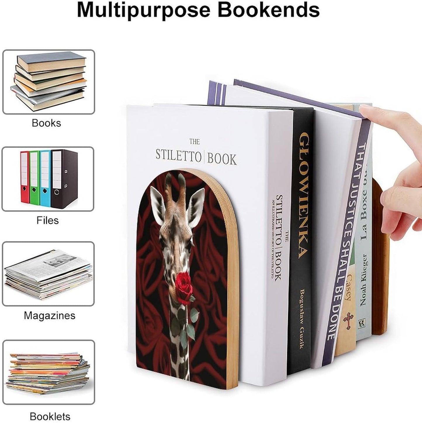 Non-Slip Bookend for Shelves Giraffe Kissing Flower Wooden Bookends with Metal Base Decorative Book Stopper for Home Heavy Duty Wood Book Storage for Books/CDs