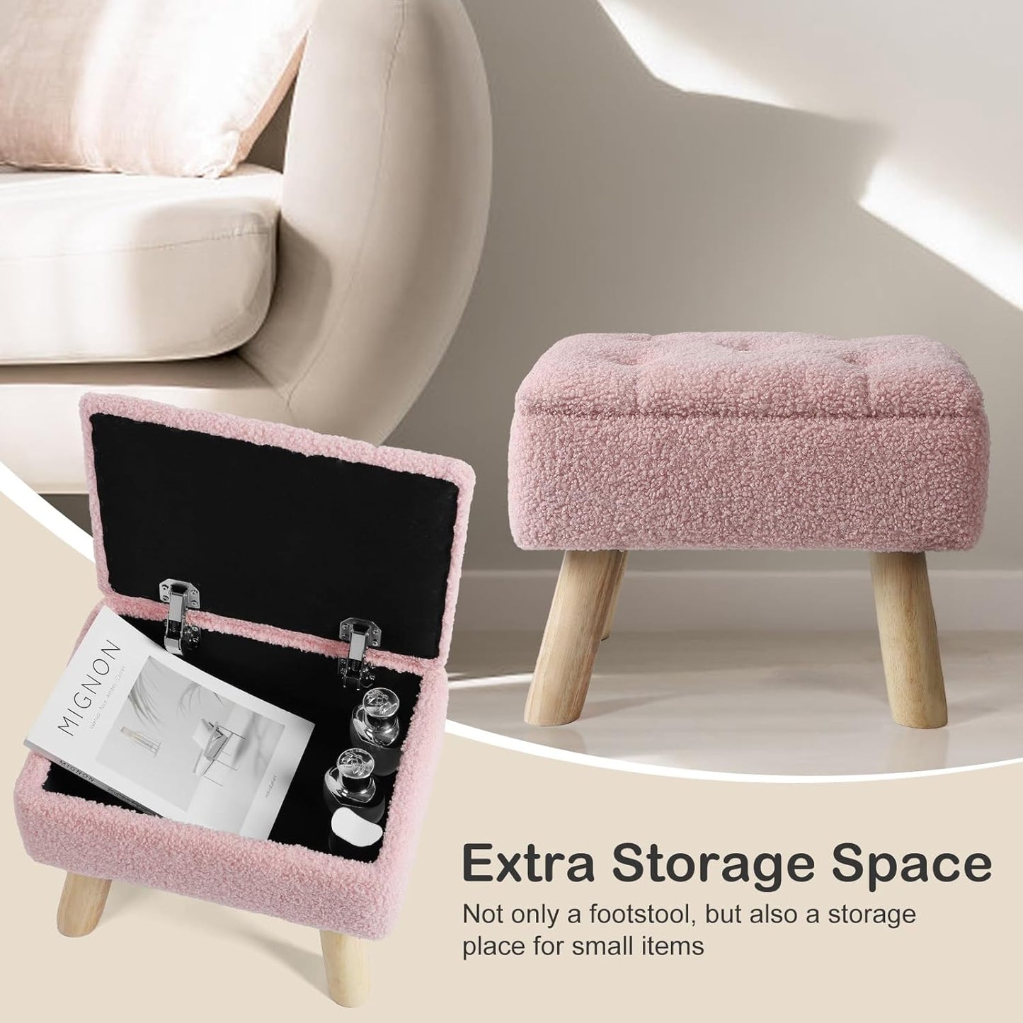 Storage Ottoman, Small Foot Stool Ottoman with Storage, Boucle Teddy Velvet Foot Rest with Padded Seat, Sturdy Wood Legs Stool for Living Room, Bedroom, Couch, Enterway (Pink)
