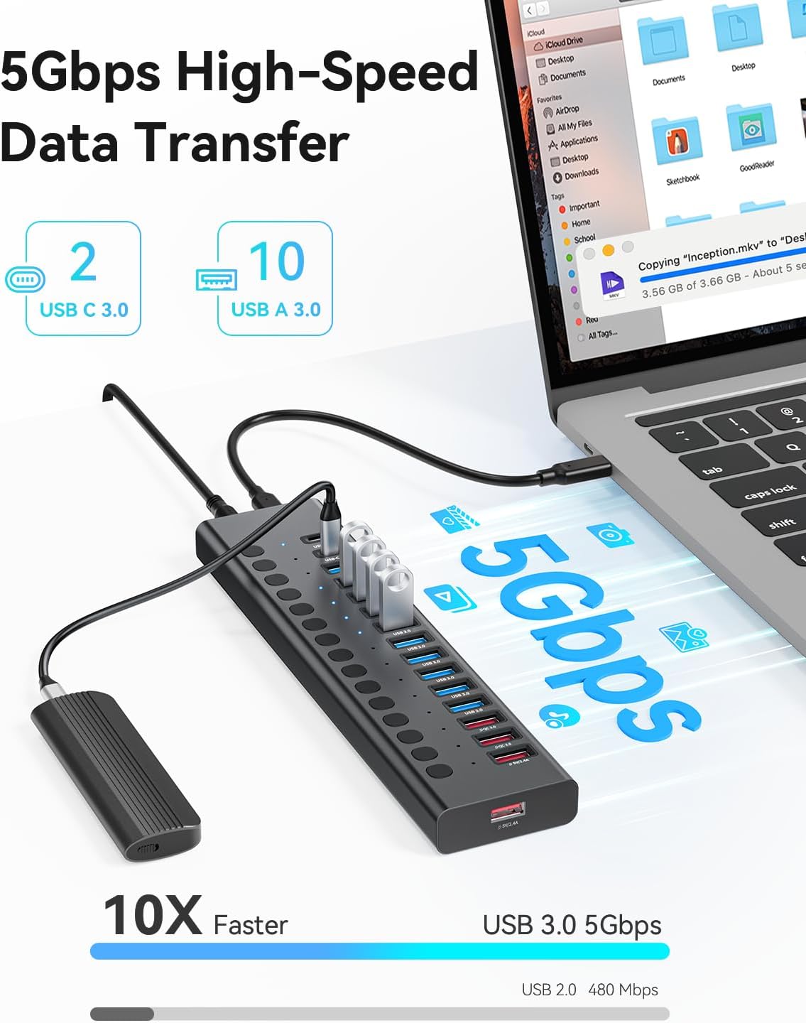 Powered USB Hub, AGEEN 16-Port USB 3.0 Hub (10 USB-A 3.0+2 QC 24W Fast Charging+2 Smart Charging+2 USB-C 3.0 Ports), 12V/8A 96W UL Certified Power Adapter for PC, Laptop, HDD, Flash Drive (16-Port)