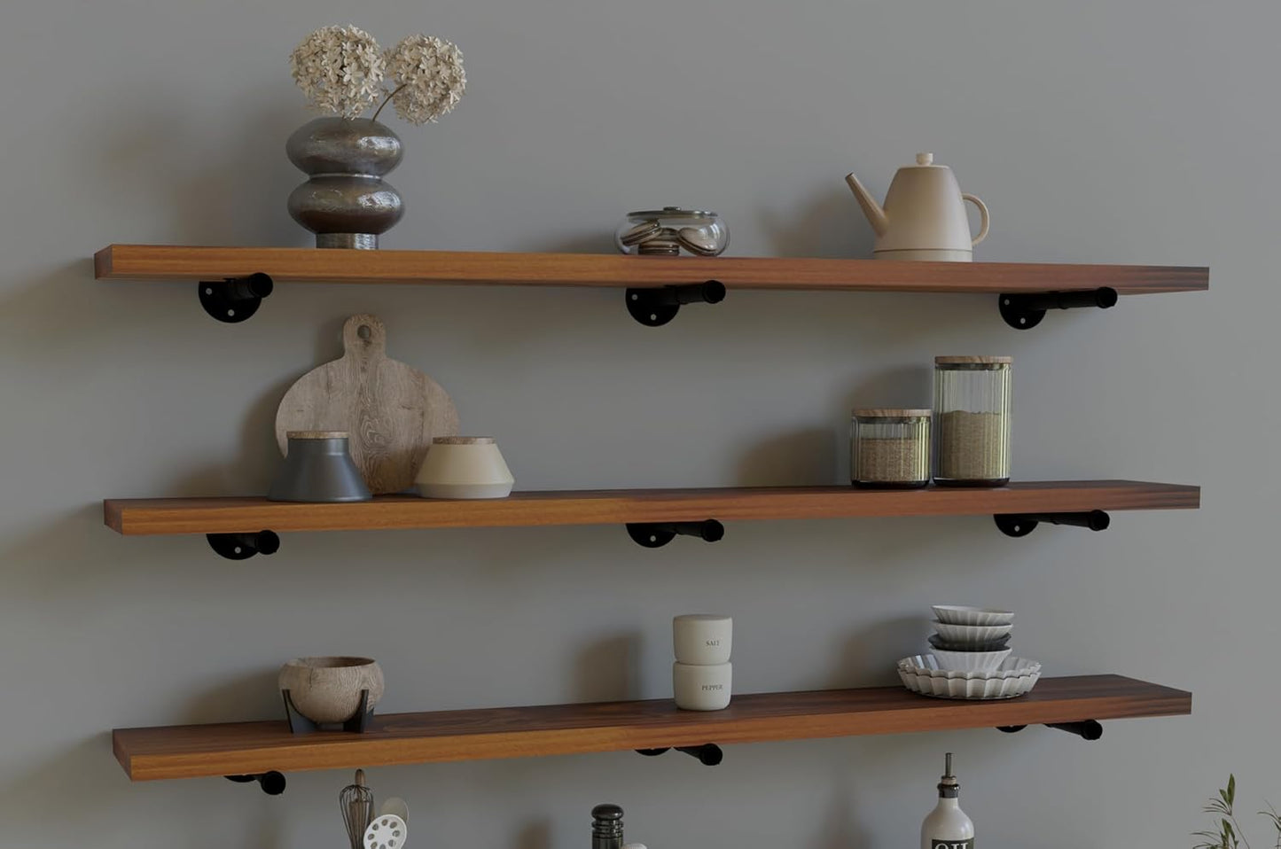 Industrial Pipe Wall Wood Shelves,Real Wooden Shelves 48" in Special Brown Color with 1.2" Extra Thickness, Modern Floating Shevles Bookshelf Shelving Units for Rustic Farmhouse Decor