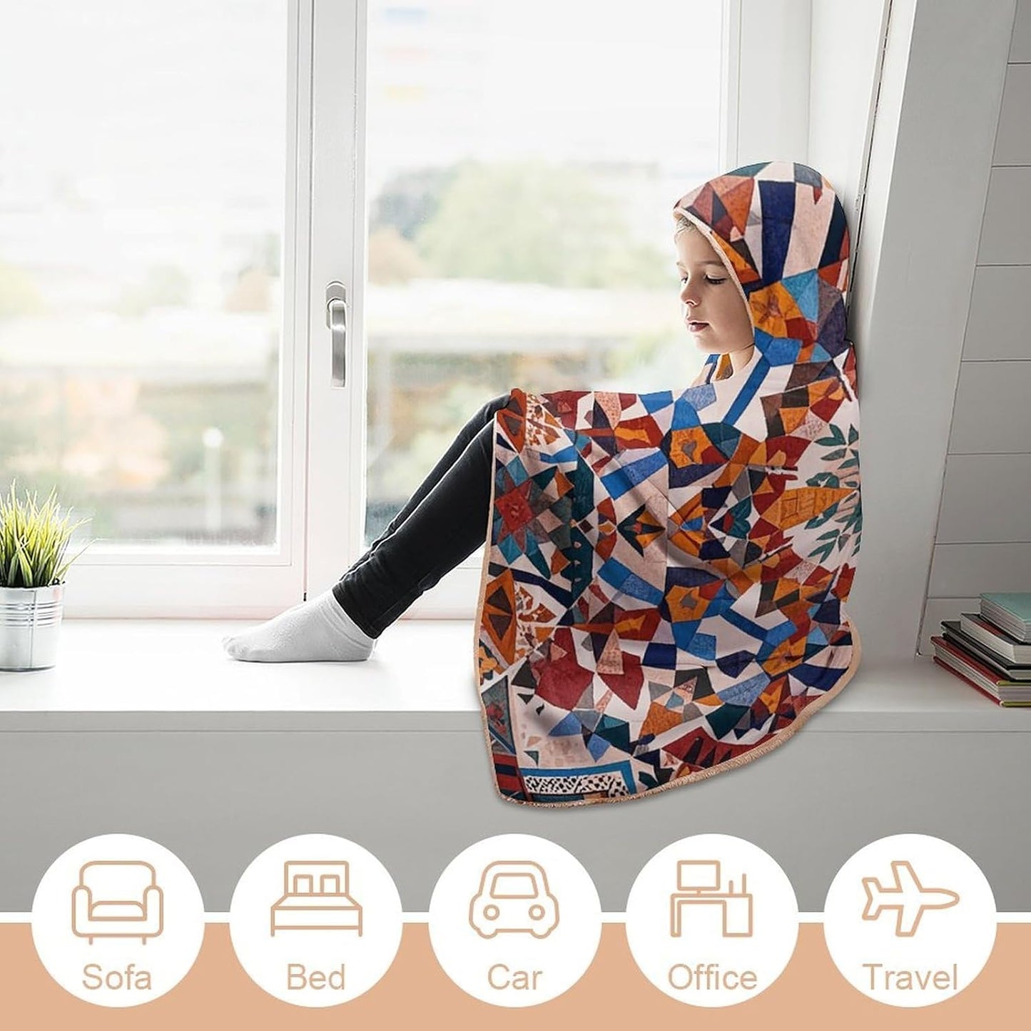 Patchwork Moroccan Wearable Blanket Hoodie for Women Men Oversized Soft Fleece Blanket Sweatshirt Cozy Poncho-