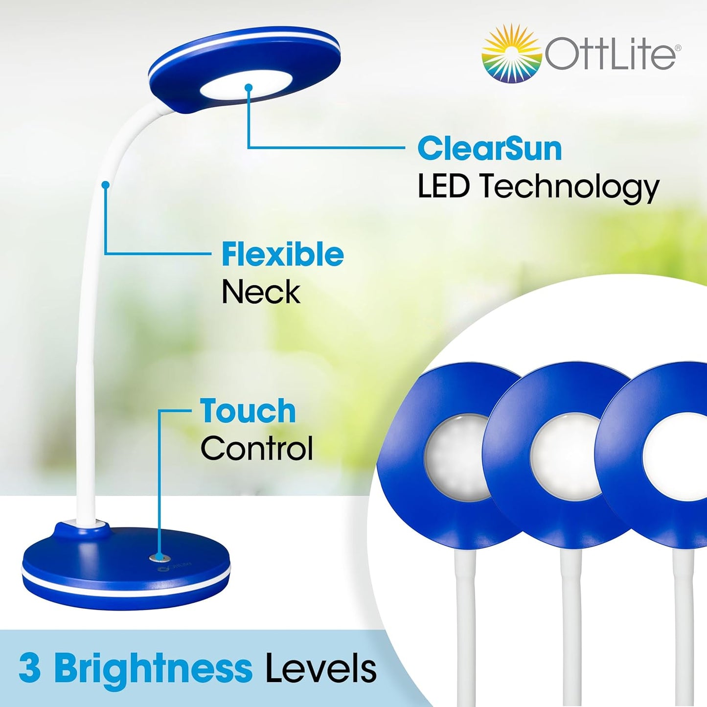 OttLite Study LED Desk Lamp – Touch Activated Controls, 3 Brightness Settings, ClearSun LED, Adjustable Neck, Modern Design for Work, Office, or Learning