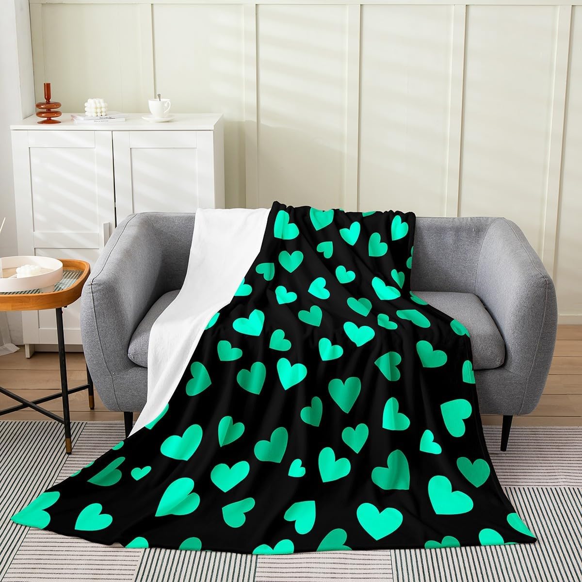 Green Hearts Throw Flannel Blanket,Romantic Valentine's Day Theme Fleece Throw Blanket for Home Decor Sofa Couch,Chic Love Hearts Fashion Green Black Fleece Blanket,40"x50"
