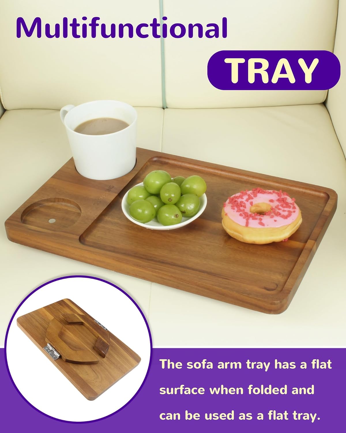 Couch Arm Tray Table with Cup Holder & Adjustable Phone Stand – Foldable Acacia Wood Sofa Arm Clip Table for Wide Couches, Recliners, and Living Room Use