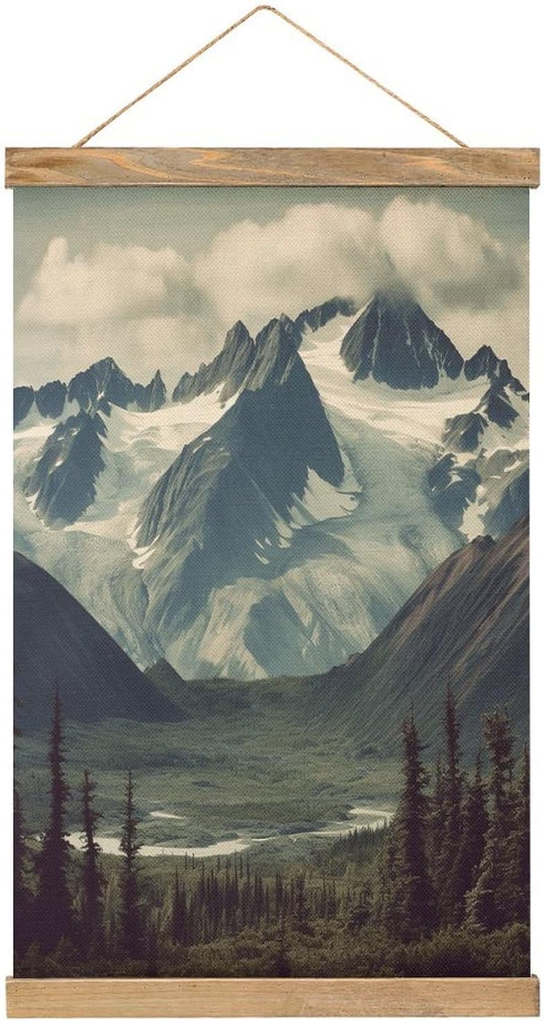 Vintage Alaska Mountains Poster with Wooden Frame Personalized Linen Hanging Scroll Painting Rustic Wall Hanging Illustrative Modern Artwork Decor for Home Living Room Bedroom Office