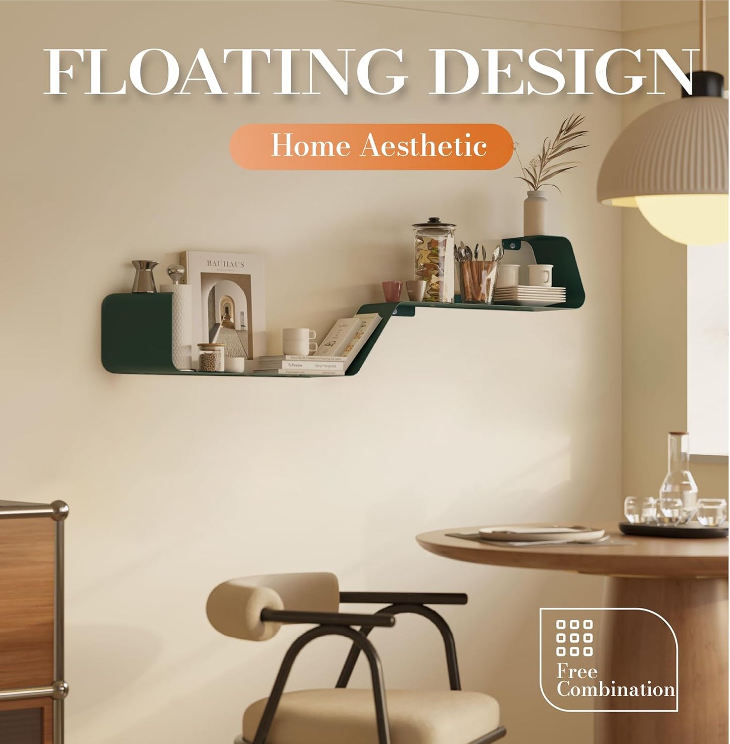 Floating Shelves, Wall Shelf, Set of 3 Mounted Metal Shelves with Unique Design for Wall Storage, Book Shelf, Display Shelves for Bathroom Bedroom Kitchen Living Room for Home Green