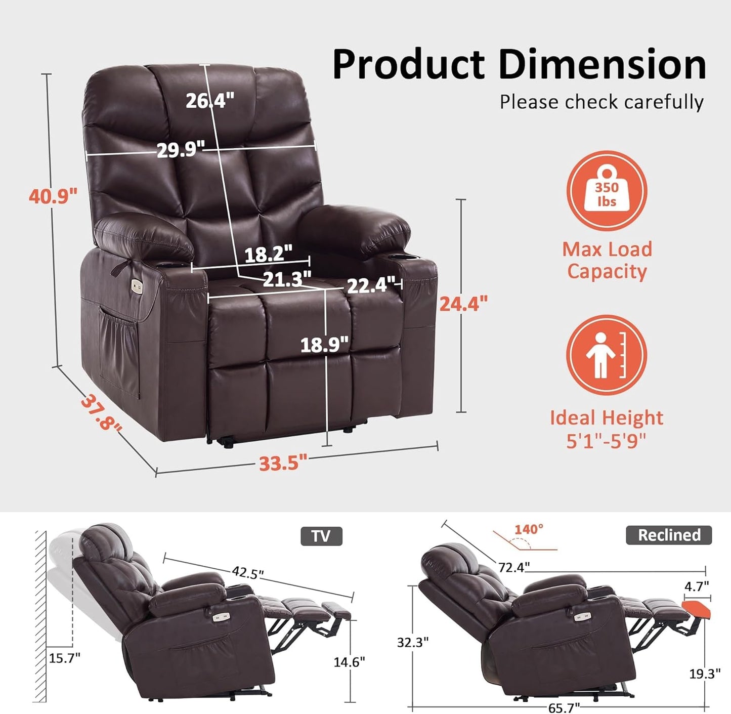 Elderly Assistance Power Lift Chair Recliner Recline and Extended Footrest Heavy Duty Stand Up Sofa with USB Type-C Charging Ports Cup Holders and Side Pockets for Seniors Home Care