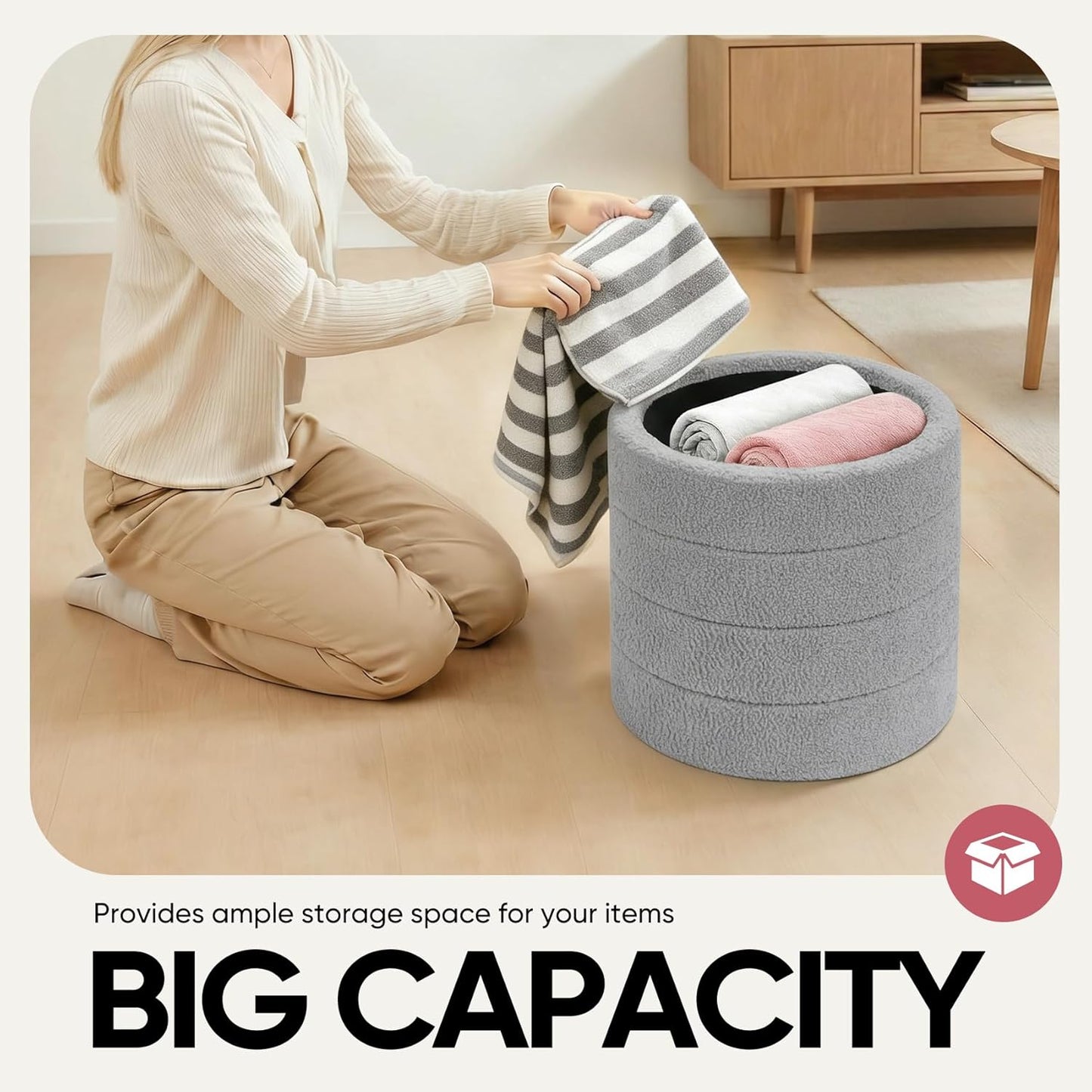 17" Teddy Fabric Round Storage Ottoman, 2-in-1 Flip Top Foot Rest，Ottoman Coffee Table for Small Space Living Room, Bedroom,Hallway-Grey
