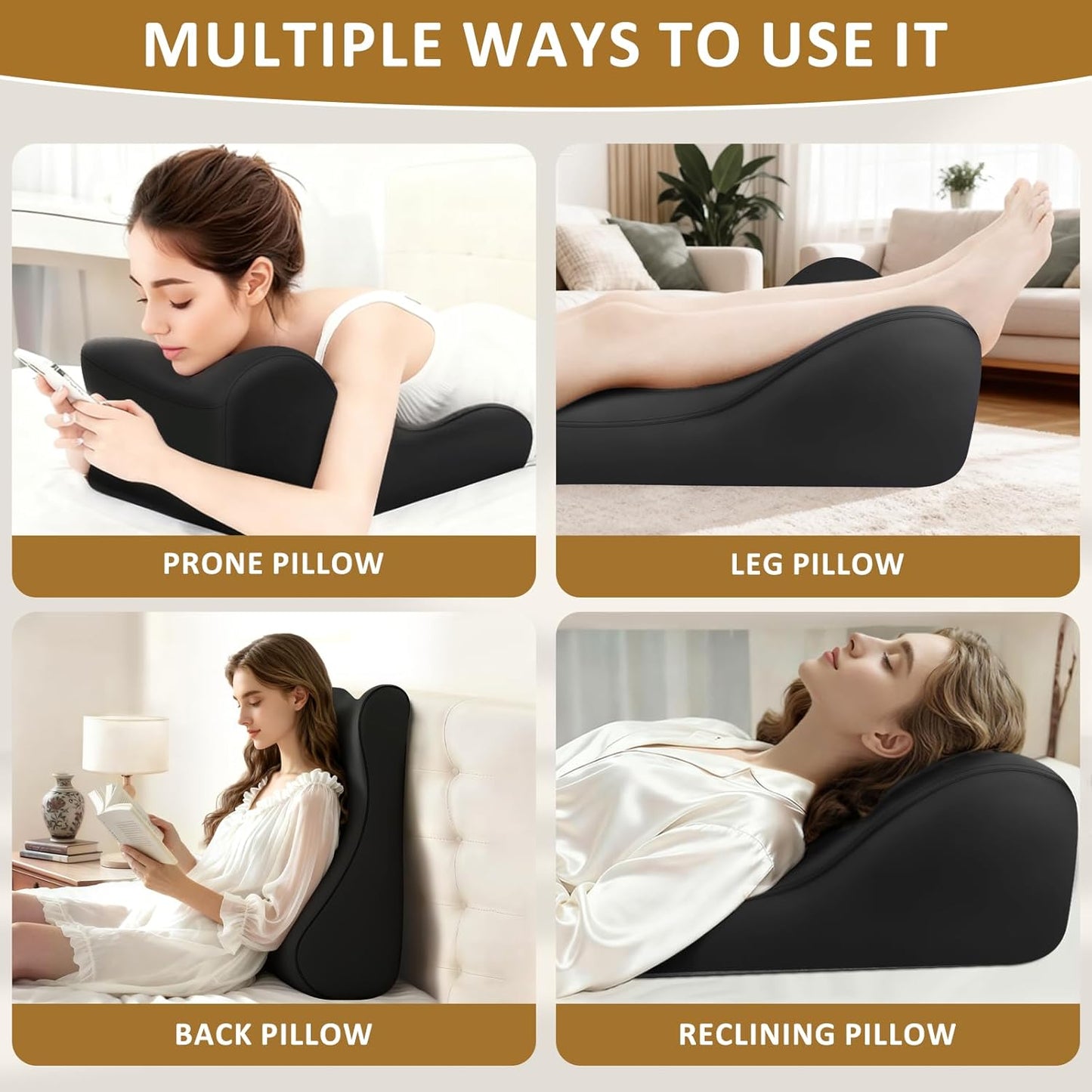 Reading Pillow for Bed,Ergonomic Wedge Pillow Headboard,Memory Foam Back Support Pillow for Bed Sitting Up Adult Sleeping,Wedge Headboard Pillow for Sleep Apne on Bedrest Couch,Black